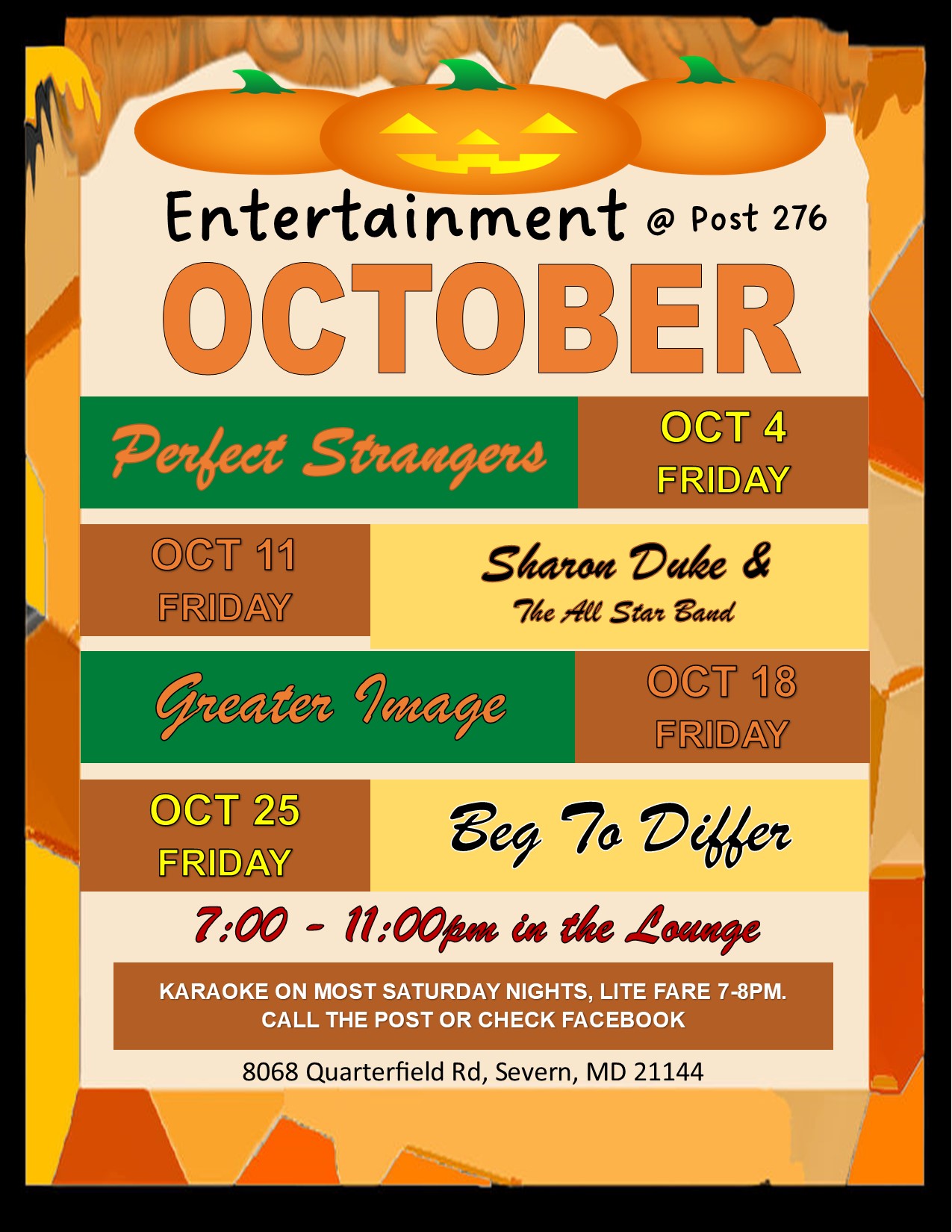 Friday Night Dinner Call for Menu Howard L Turner Post 276 Severn, MD